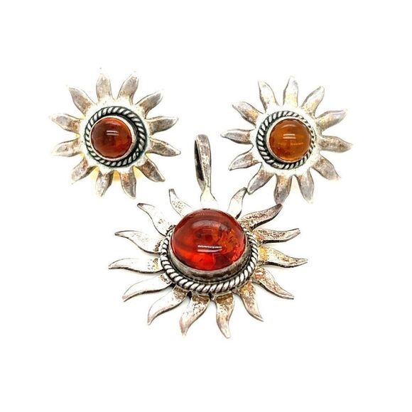 925 Silver Amber Pendant & Earrings Set - Picture 1 of 7